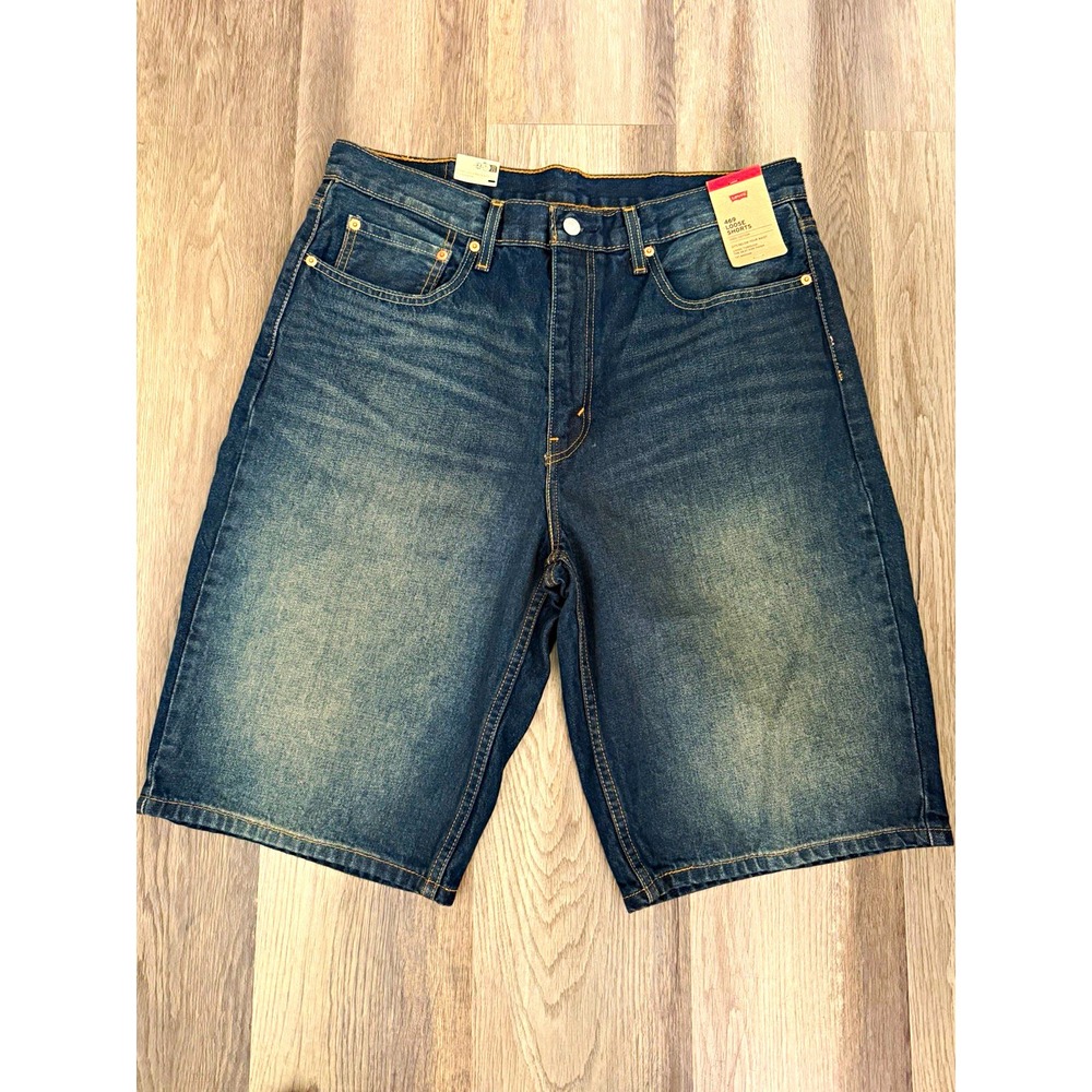 Mens Levi's 469 Loose Fit Shorts Sz 34 Dark Wash Blue Jean 12" Inseam 5-Pocket